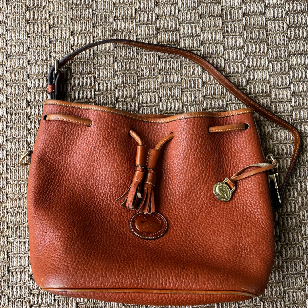 Dooney & Bourke Brown Leather Shoulder Bag with Drawstring Closure